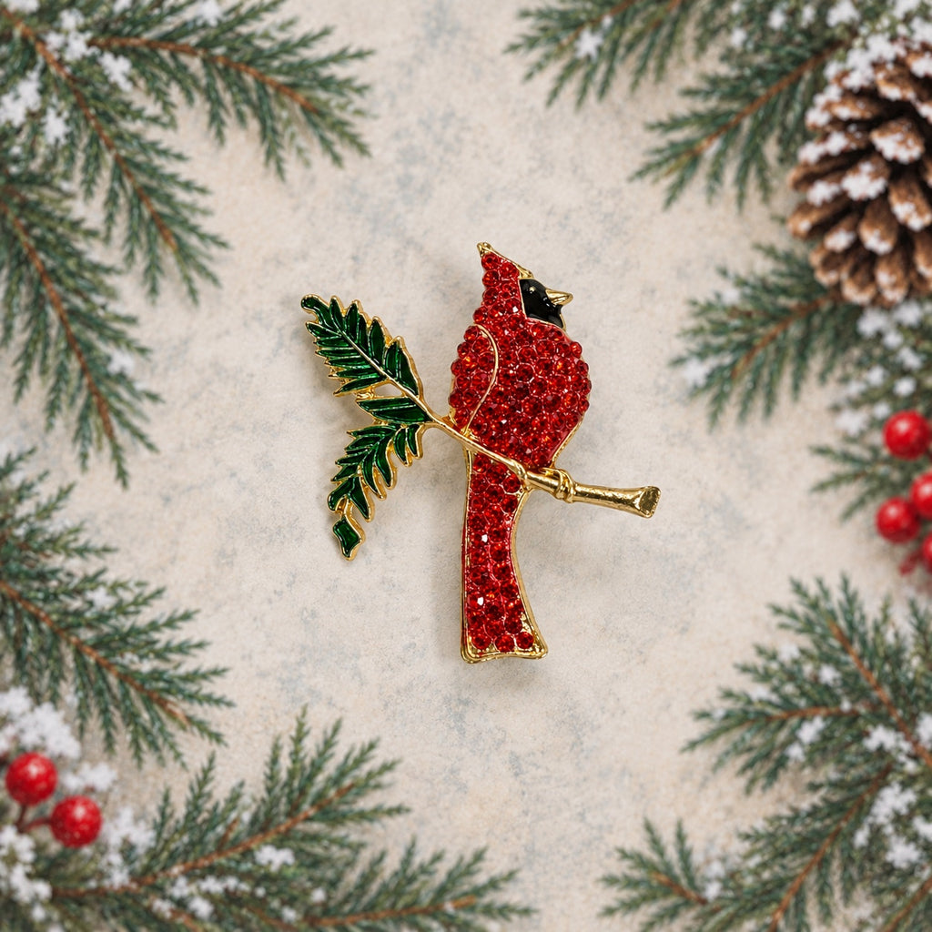 Red Cardinal Rhinestone Brooch Pin Gold Tone Christmas Bird Holly 2.25" CP170