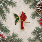 Red Cardinal Rhinestone Brooch Pin Gold Tone Christmas Bird Holly 2.25" CP170