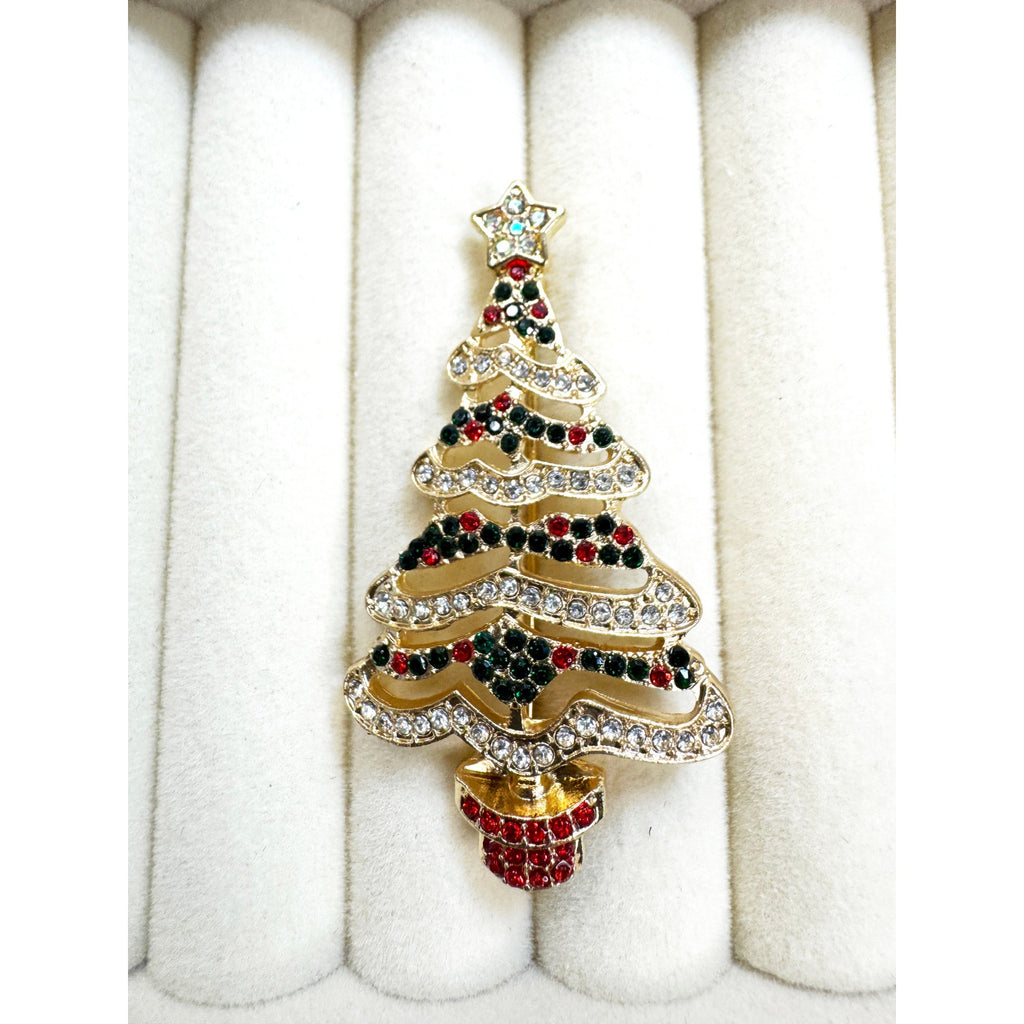 Rhinestone Christmas Tree Brooch Pin Gold Tone Red Green Crystal 2.25" CP220