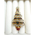 Rhinestone Christmas Tree Brooch Pin Gold Tone Red Green Crystal 2.25" CP220