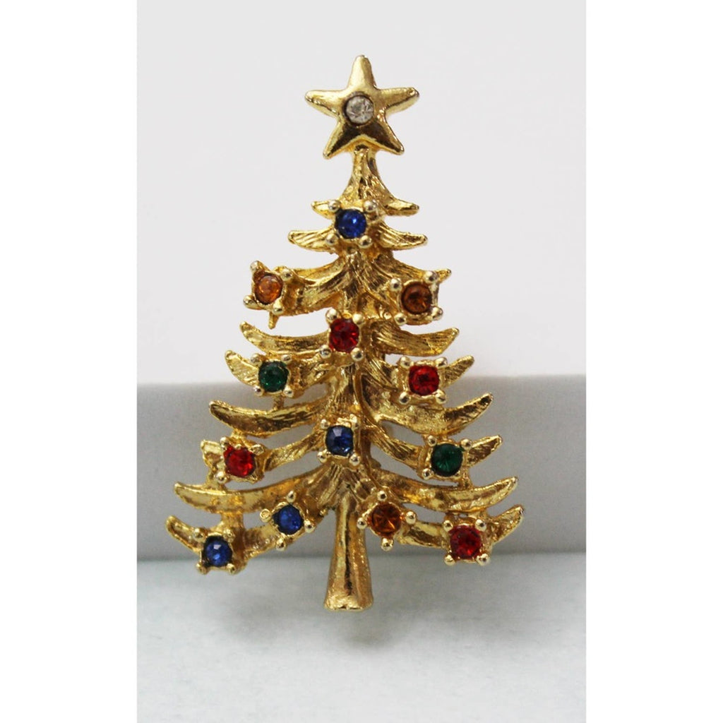 Vintage Gold Christmas Tree Brooch Pen With Rhinestones CP12