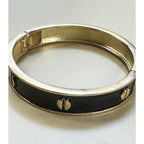 Vintage Black Enamel Hinged Bangle Bracelet Gold Tone Studded 1/2" Wide  B083