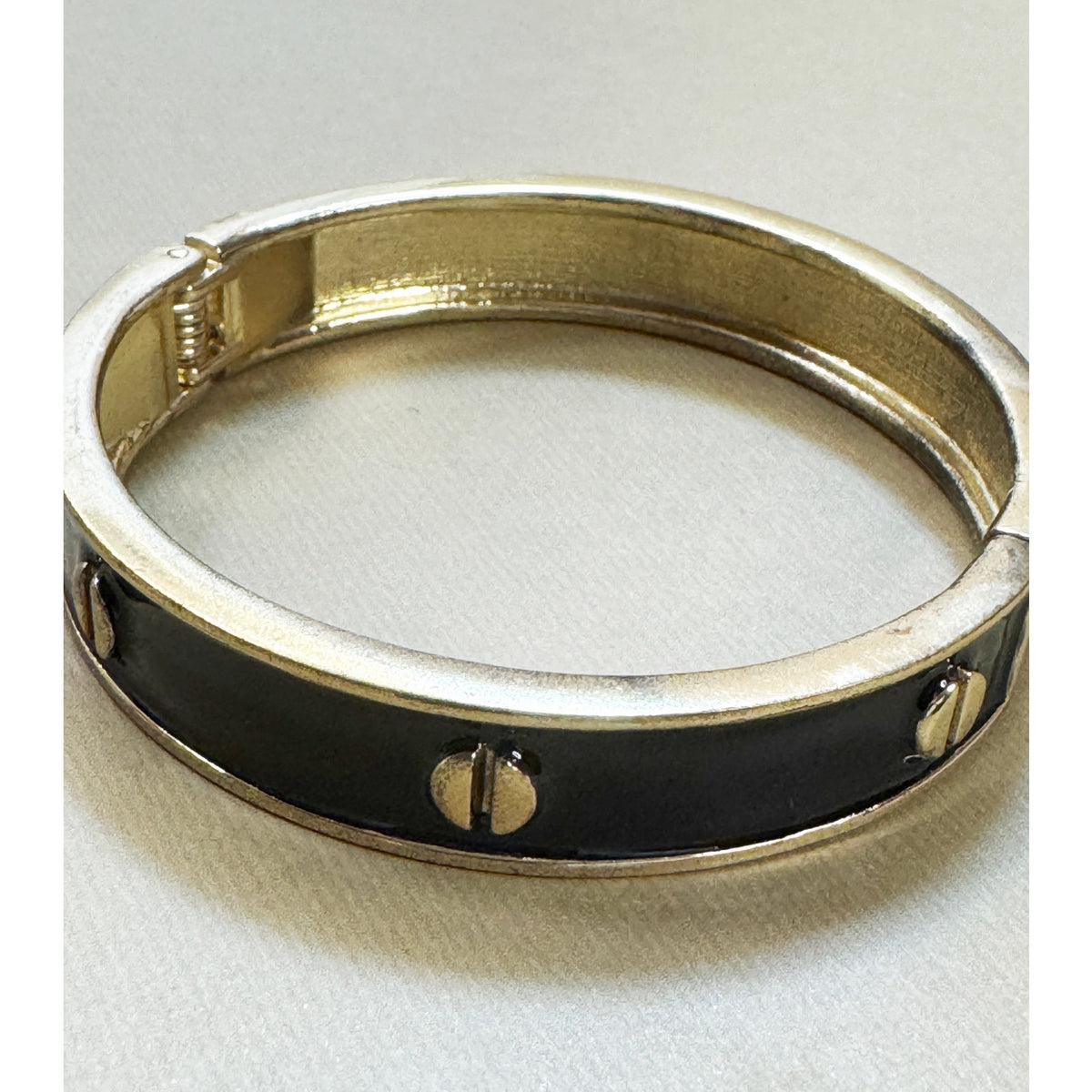 Vintage Black Enamel Hinged Bangle Bracelet Gold Tone Studded 1/2" Wide  B083