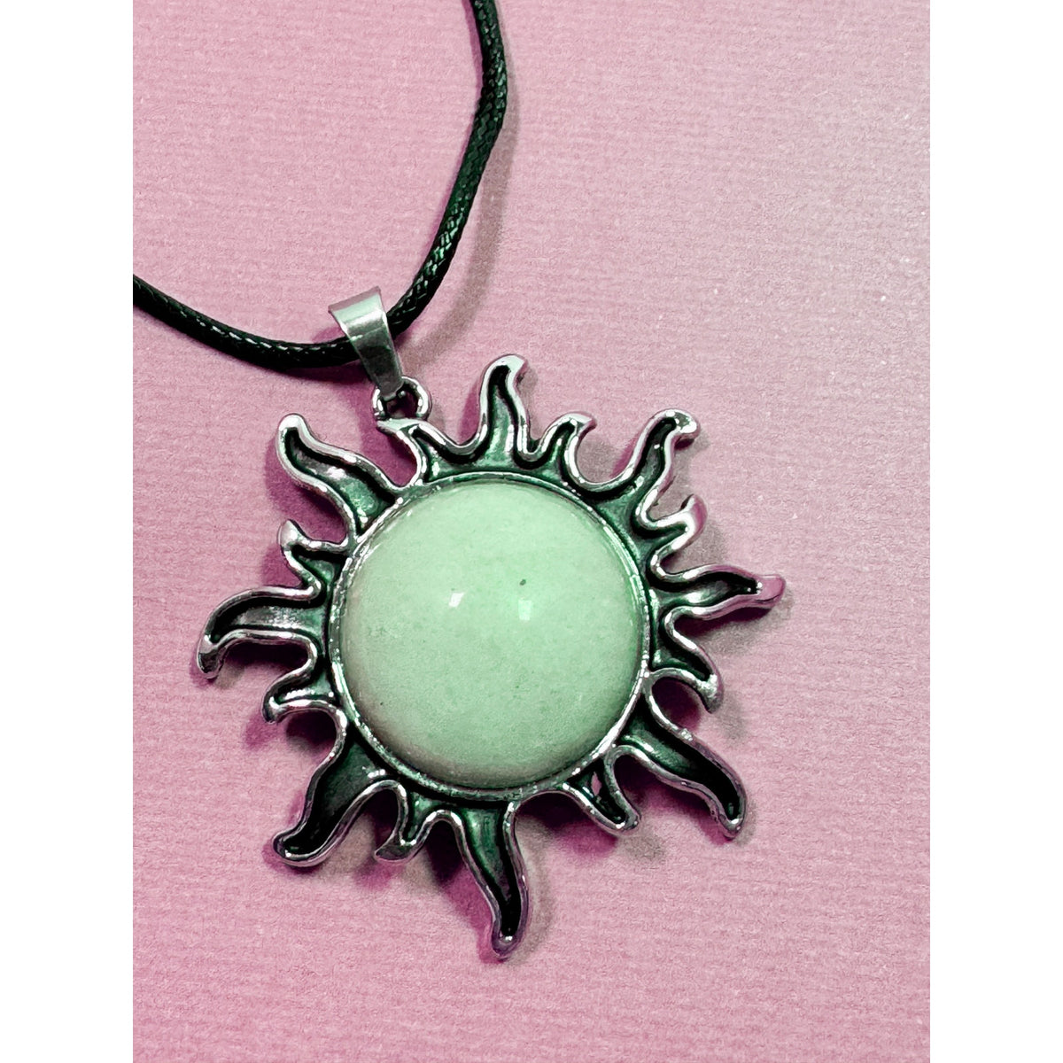 Pea Green Sun Pendant Necklace Celestial 2" Pendant 16-18" Cord N301
