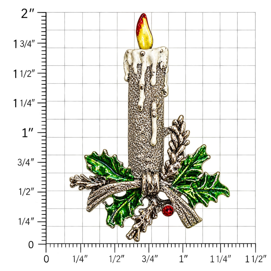 Vintage Christmas Candle Brooch Enamel Holly Silver Tone Rhinestone Pin CP270