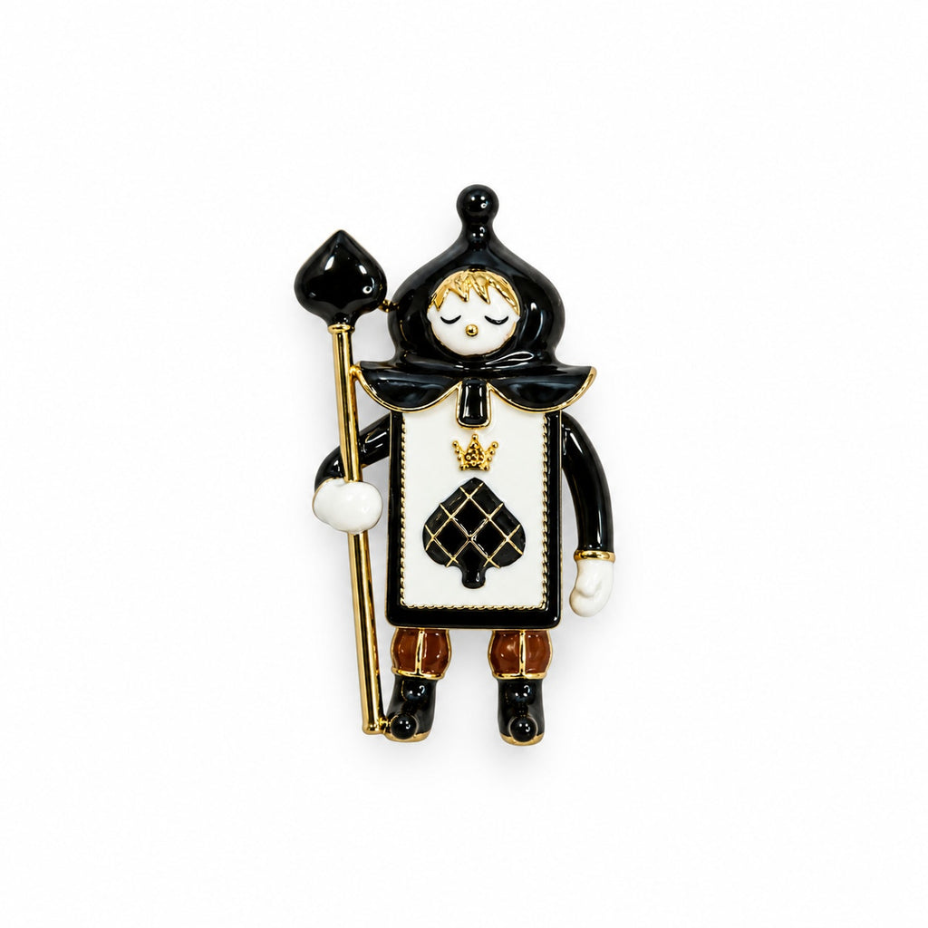 Black White Royal Guard Brooch Pin Gold Tone Spade Playing Card 2.5" CP162