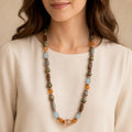 Long Multicolor Beaded Necklace Boho Silver Tone Statement Jewelry N647