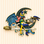 Halloween Witch Brooch Rhinestone Enamel Moon Broom Gold Tone Large Pin CP206