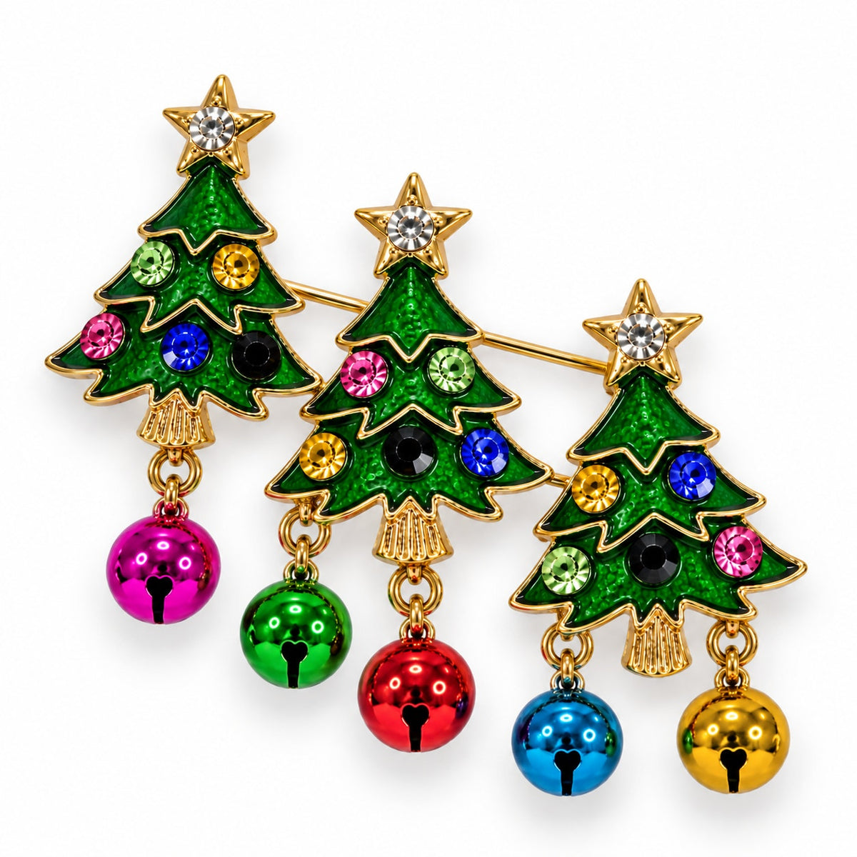 Christmas Tree Brooch Pin Gold Rhinestone Jingle Bells Holiday Jewelry  CP164