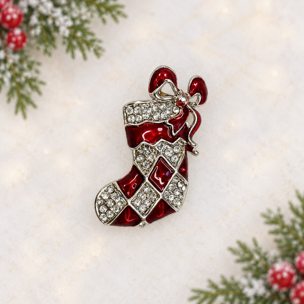 Red Enamel Christmas Stocking Brooch Rhinestone Silver Tone Holiday Pin CP172