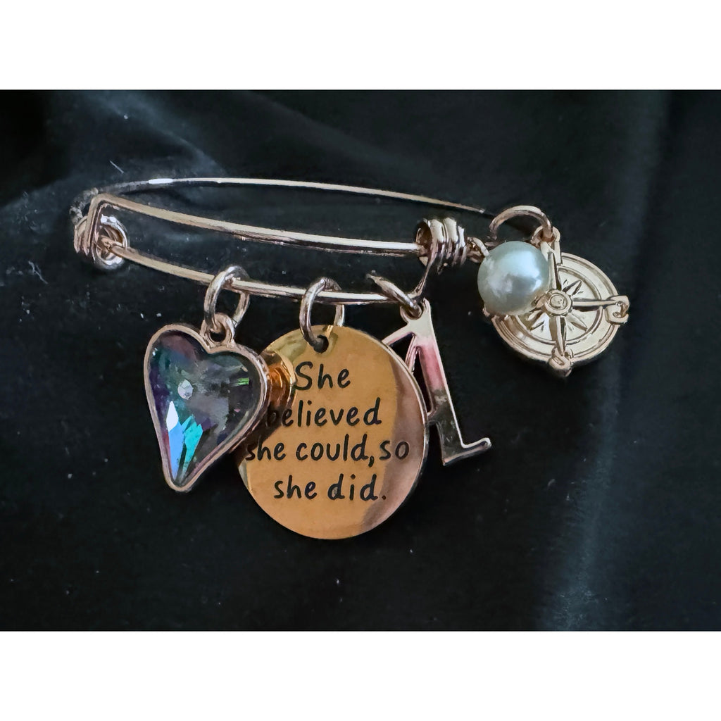 Rose Gold Charm Bangle Bracelet “A” Initial She Believed She Could Quote B048