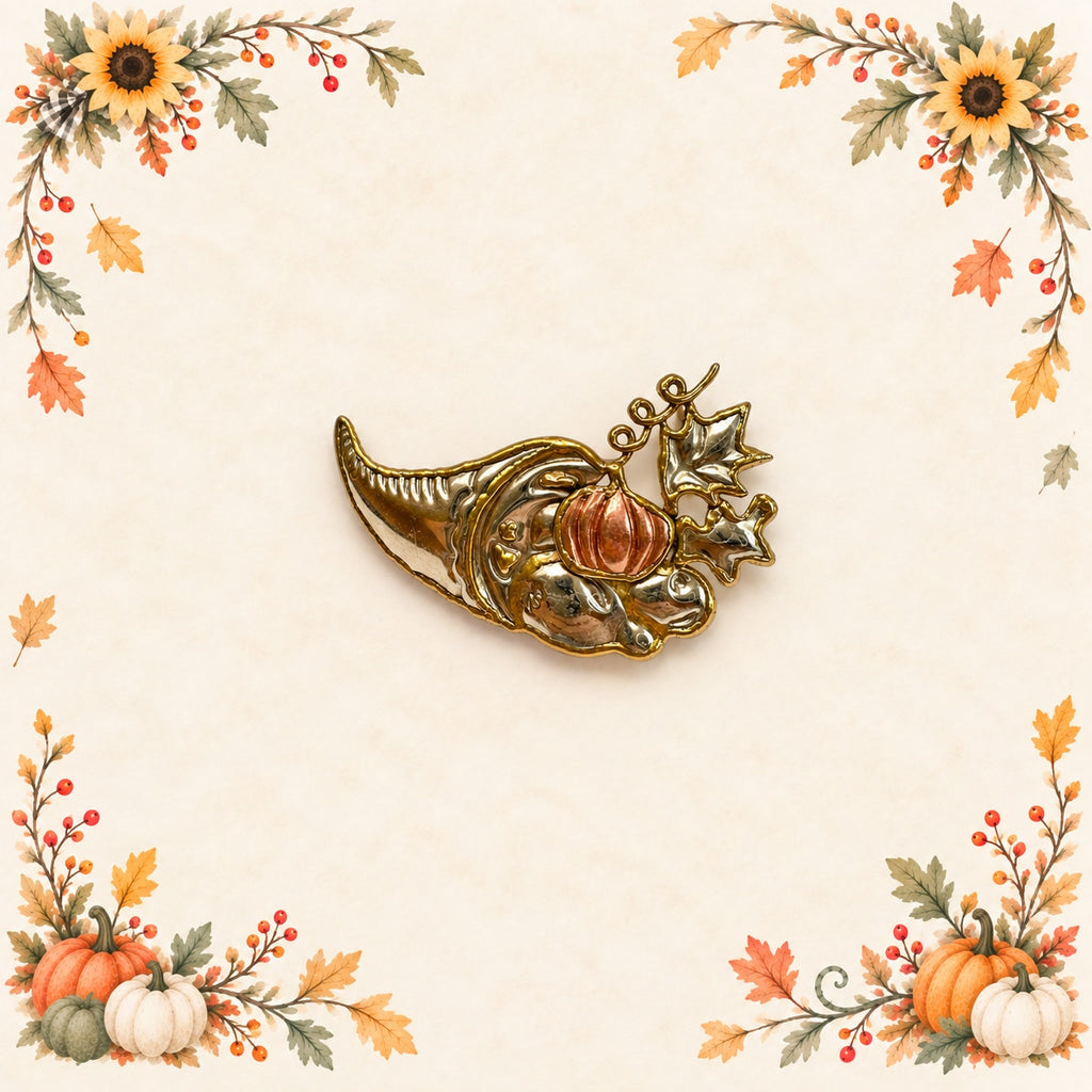 Gold Tone Cornucopia Brooch Copper Pumpkin Fall Harvest Thanksgiving Pin CP211