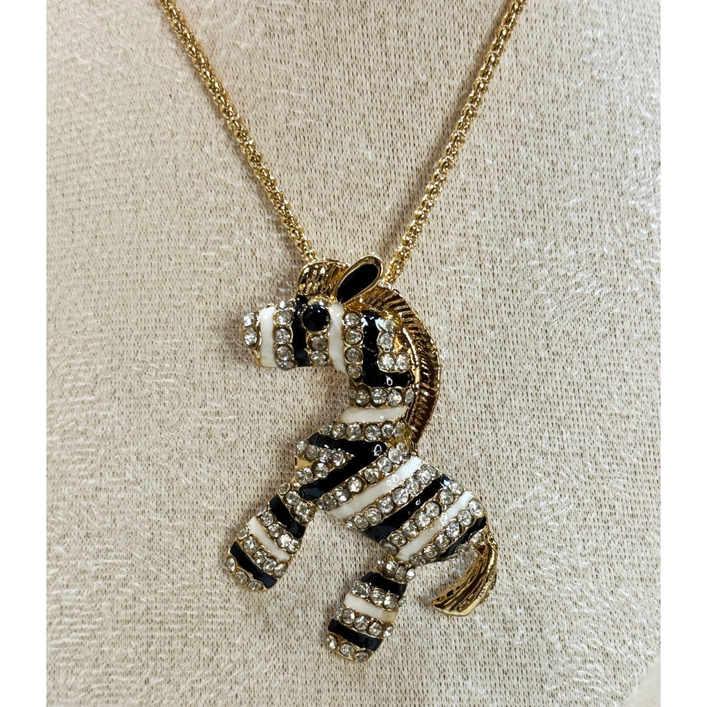 Zebra Pendant Necklace Gold Tone Rhinestone Enamel 22-24" Chain New N387