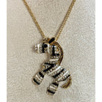 Zebra Pendant Necklace Gold Tone Rhinestone Enamel 22-24" Chain New N387
