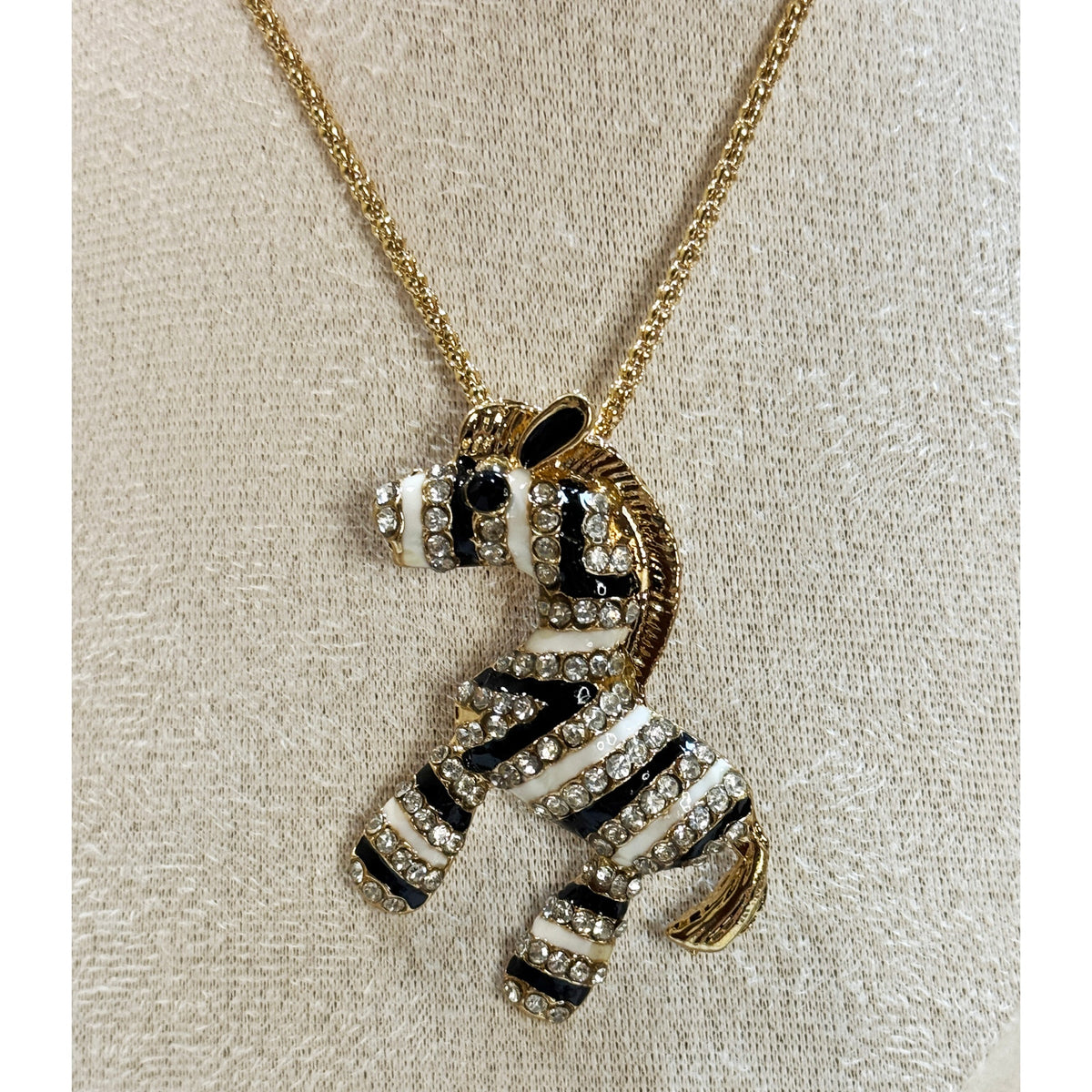 Zebra Pendant Necklace Gold Tone Rhinestone Enamel 22-24" Chain New N387