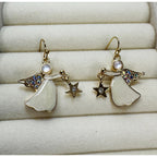 Christmas Angel Dangle Earrings Gold Tone Rhinestone Star White Enamel 1" E467