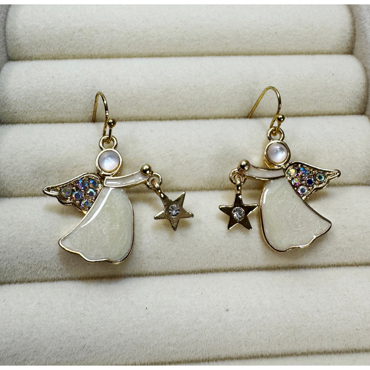 Christmas Angel Dangle Earrings Gold Tone Rhinestone Star White Enamel 1" E467