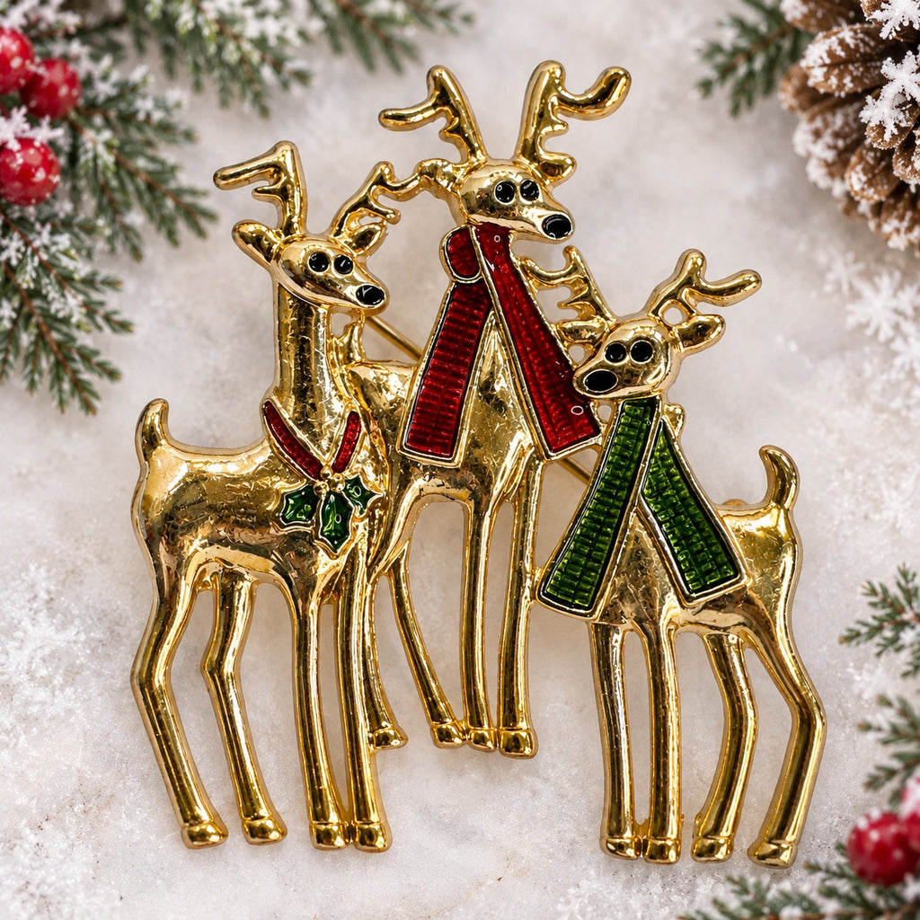 Vintage Three Reindeer Brooch Gold Tone Enamel Christmas Holiday Deer Pin CP261