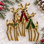 Vintage Three Reindeer Brooch Gold Tone Enamel Christmas Holiday Deer Pin CP261