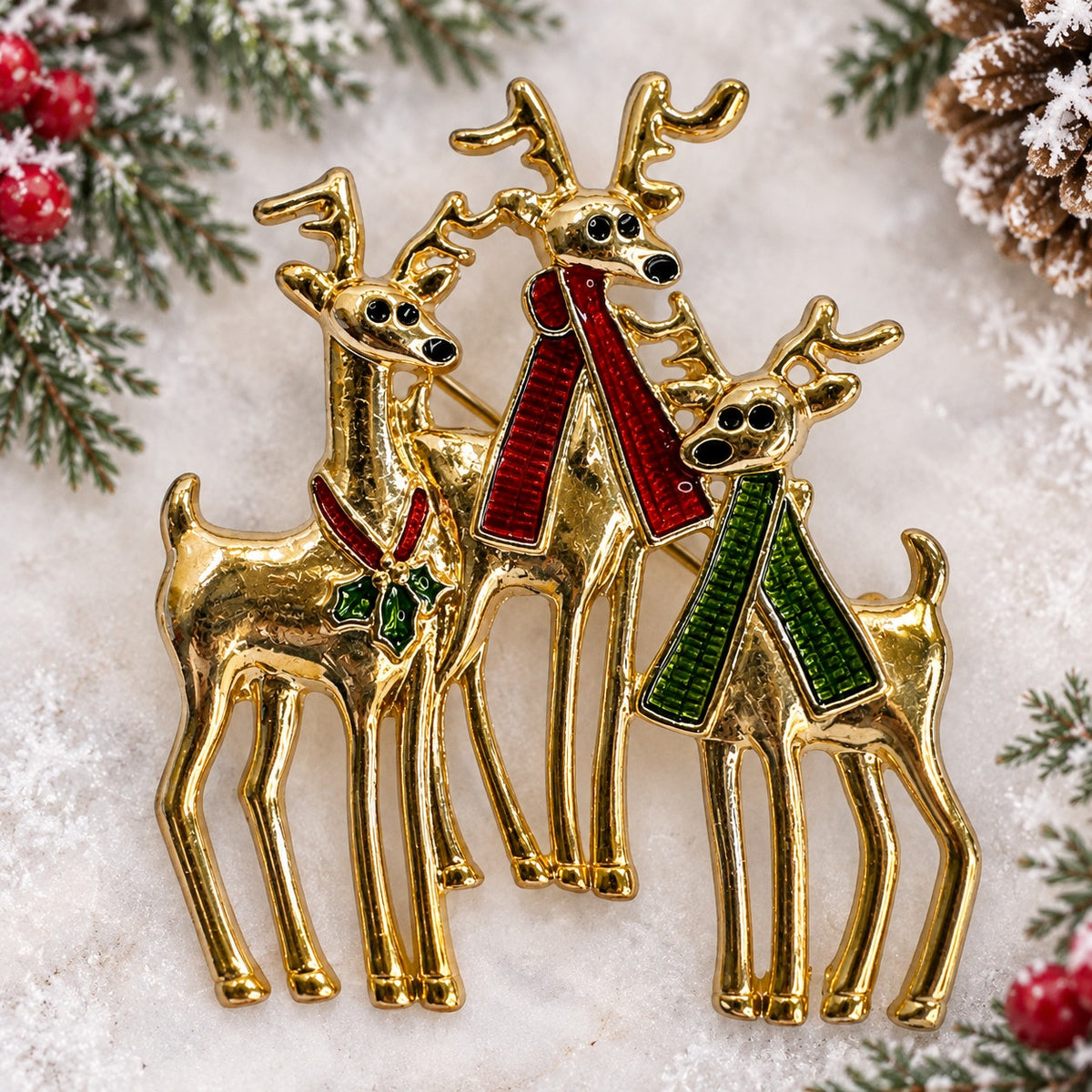 Vintage Three Reindeer Brooch Gold Tone Enamel Christmas Holiday Deer Pin CP261