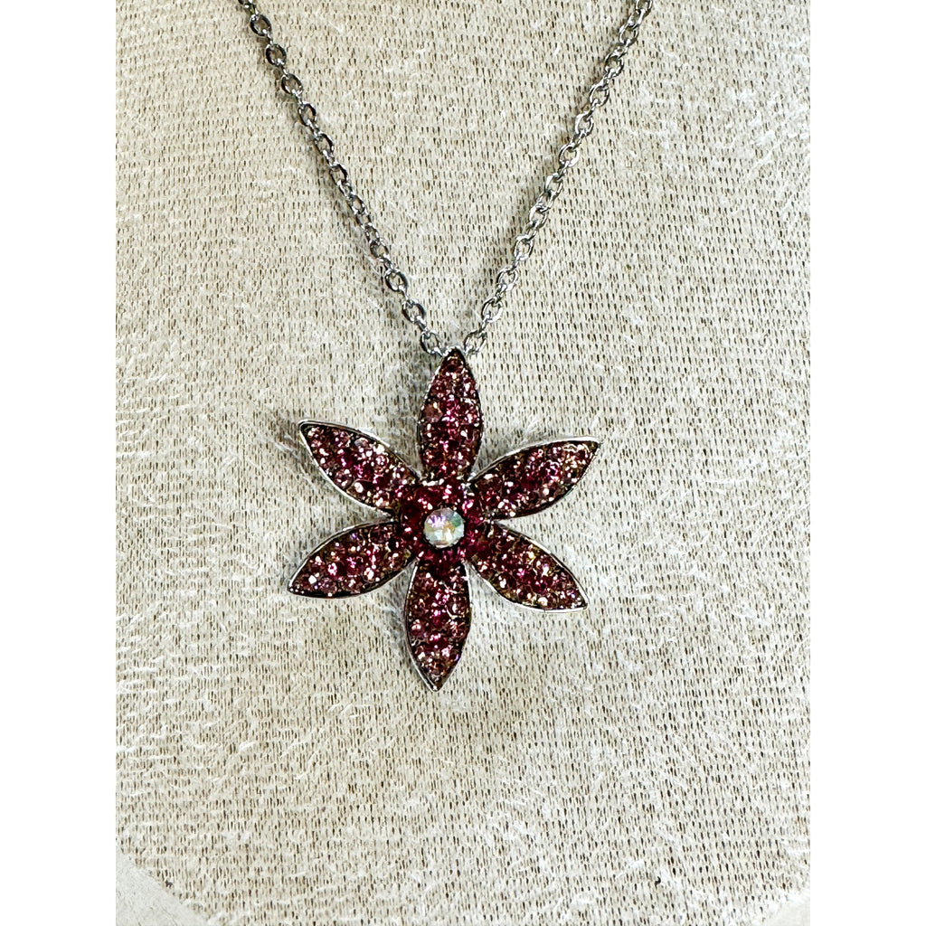 Vintage Pink Rhinestone Flower Pendant Necklace Silver Tone Floral Jewelry N457