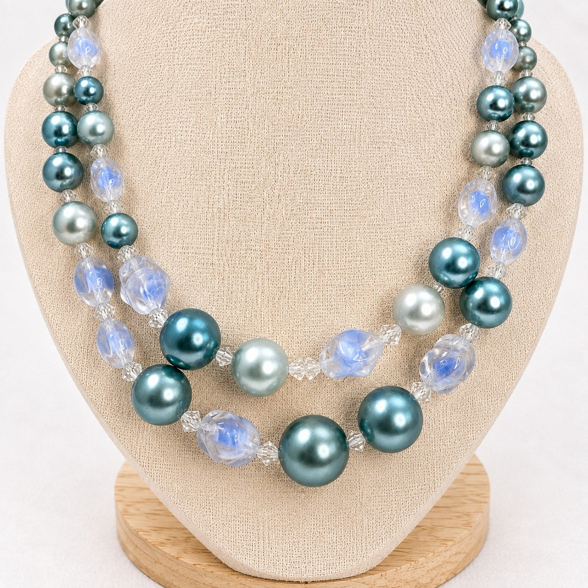Vintage Teal Pearl Double Strand Necklace Crystal Beads 16-18 Inch N620
