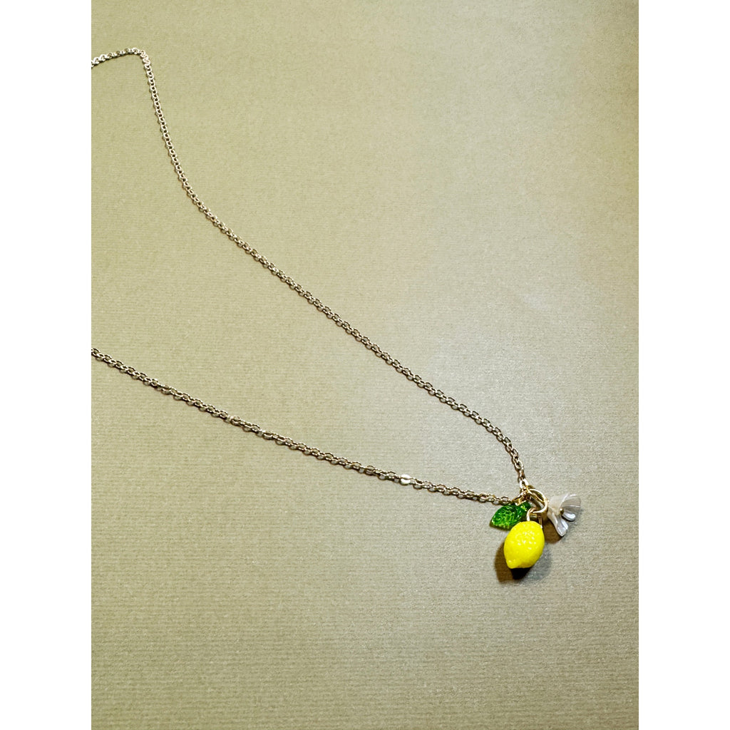 Lemon Charm Necklace 18" Chain Yellow Lemon Flower Pendant Cute Fruit CP299