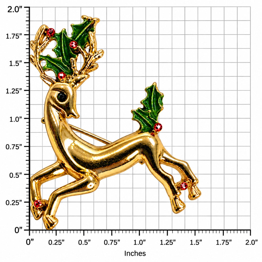 Vintage Gold Tone Reindeer Brooch Holly Enamel Rhinestone Christmas Pin CP260