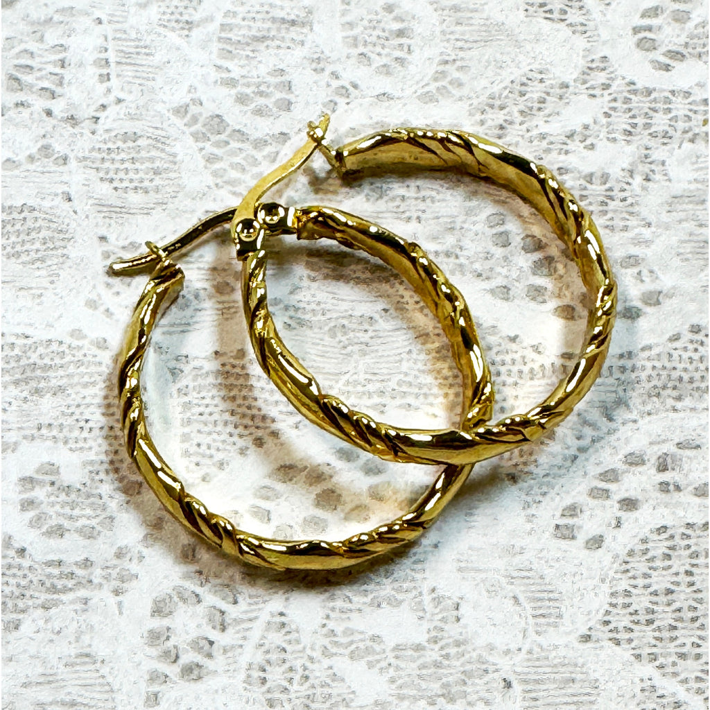 Gold Tone Stainless Steel Twisted Hoop Earrings 1.25" Textured Hoops E291