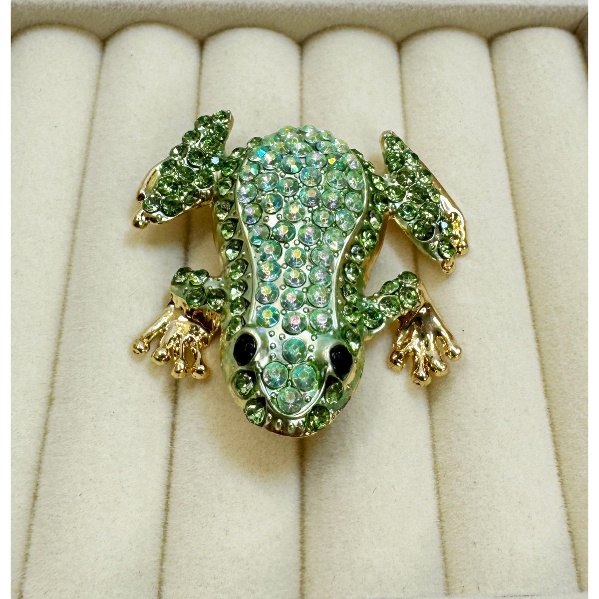 Green Rhinestone Frog Brooch Pin Gold Tone Crystal Animal 2" New CP186