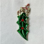 Vintage Enamel Holly Leaf Brooch Pin Green Red Gold Tone Christmas  2.25" CP182
