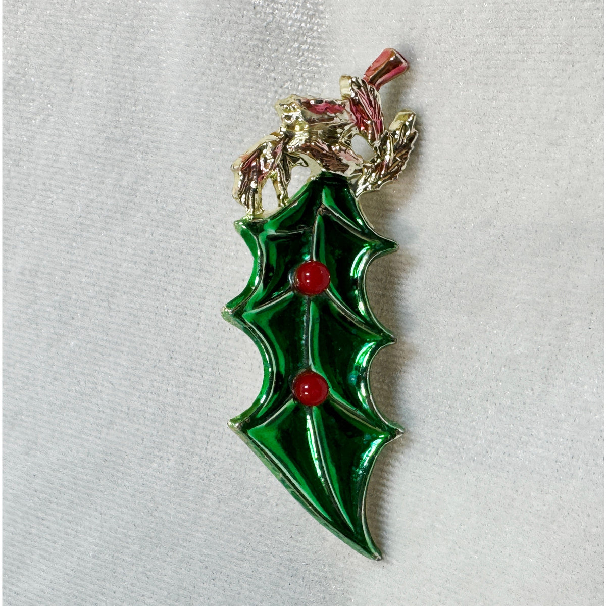 Vintage Enamel Holly Leaf Brooch Pin Green Red Gold Tone Christmas  2.25" CP182