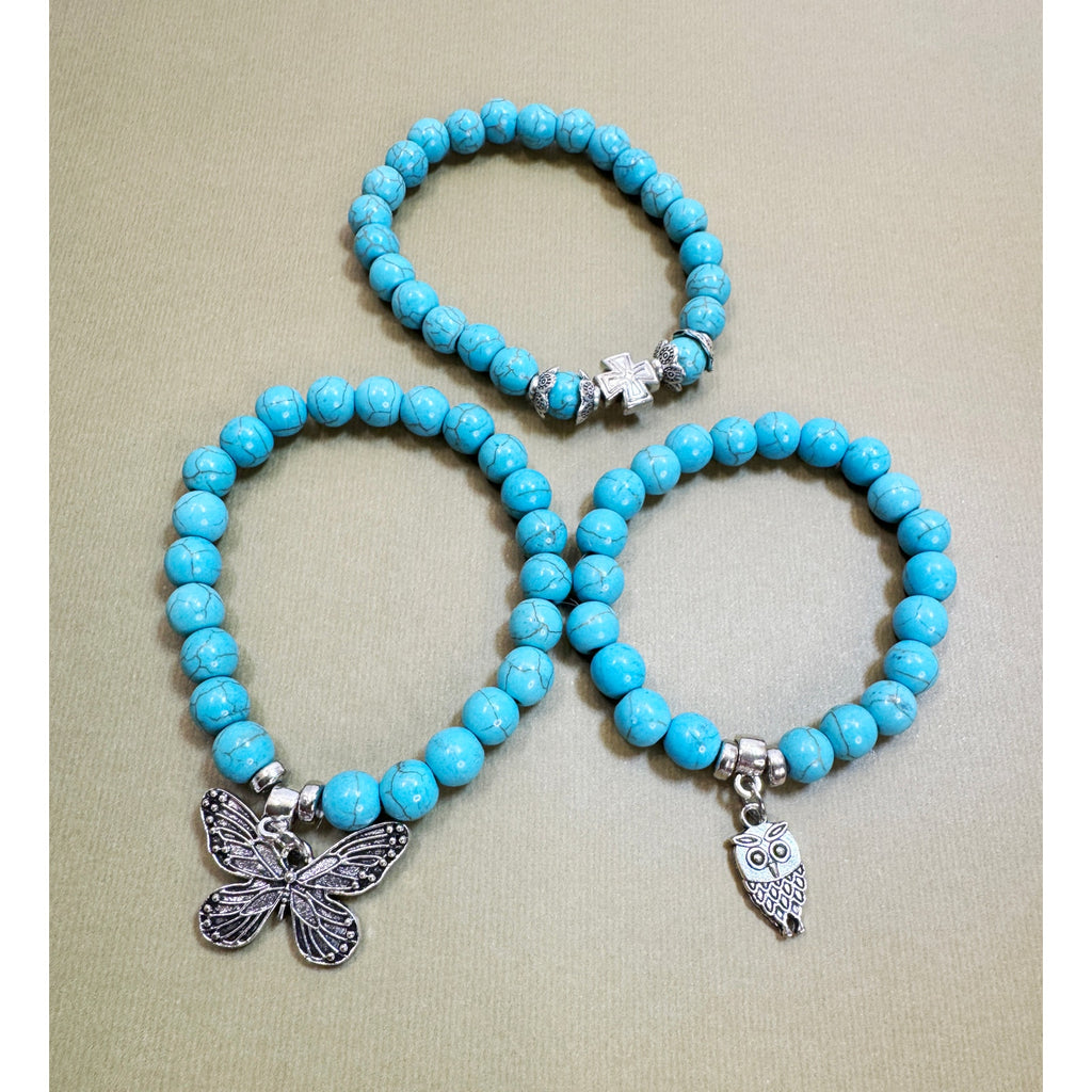 Set of 3 Turquoise Beaded Stretch Bracelets Butterfly Owl Charm Boho  B104