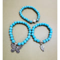 Set of 3 Turquoise Beaded Stretch Bracelets Butterfly Owl Charm Boho  B104