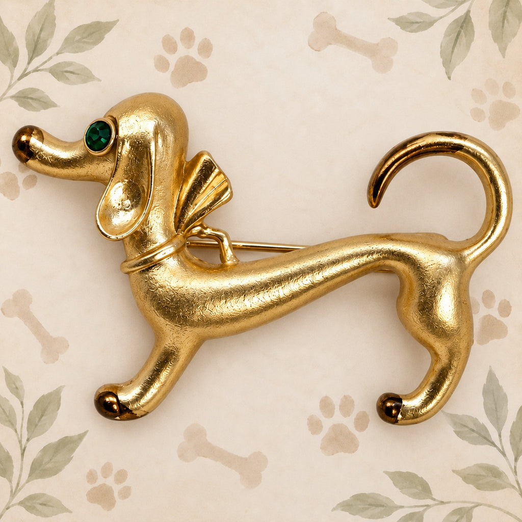 Gold Tone Dachshund Dog Brooch Pin Green Eyes Whimsical Puppy Jewelry CP168