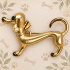 Gold Tone Dachshund Dog Brooch Pin Green Eyes Whimsical Puppy Jewelry CP168