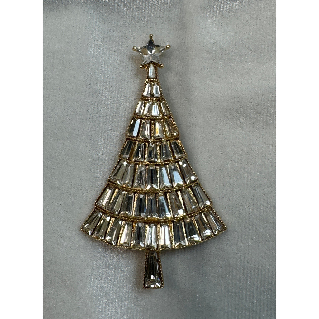 Clear Rhinestone Christmas Tree Brooch Pin Gold Tone Holiday 2.5" CP170