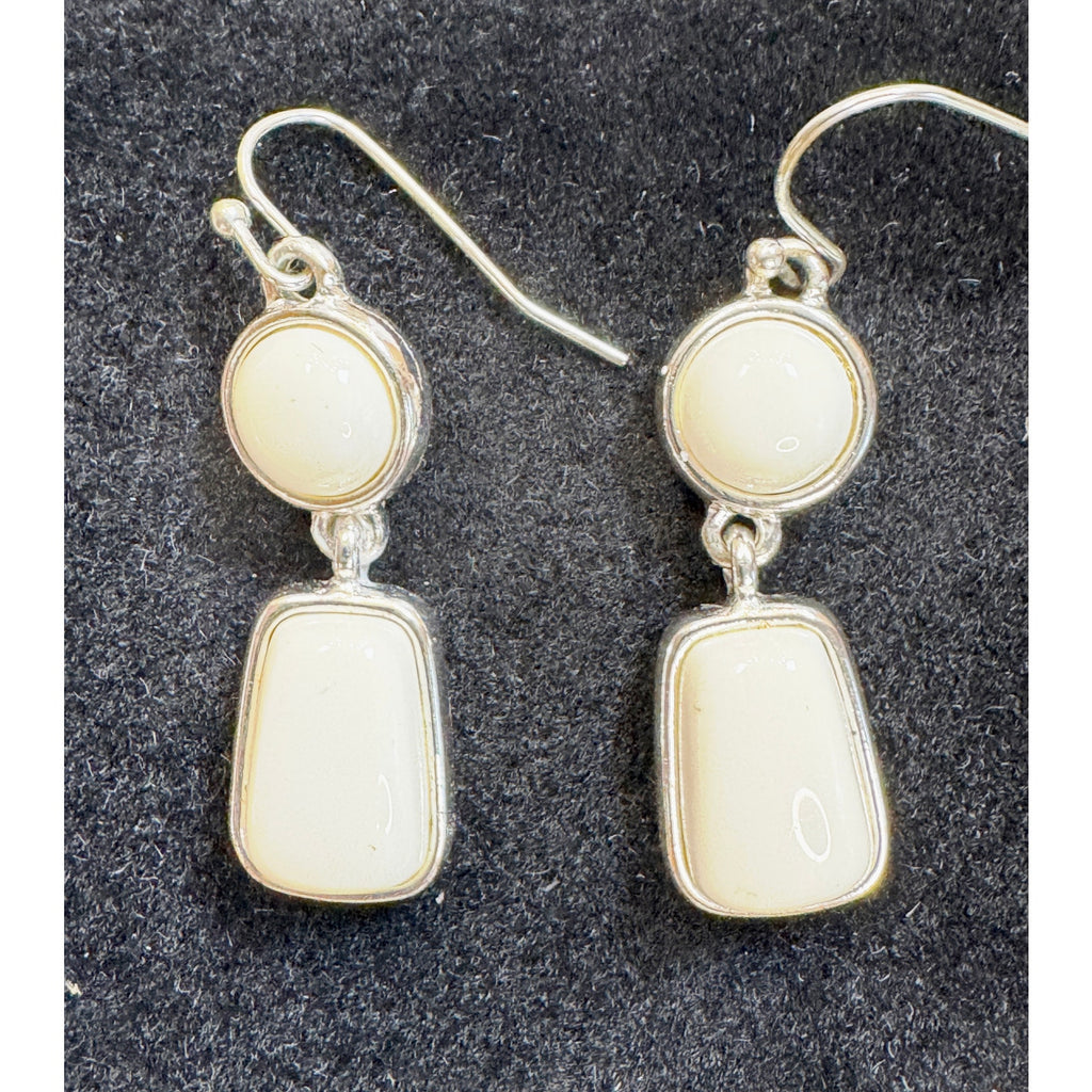 Silver Tone White Cabochon Dangle Earrings Vintage Rectangle Drop 1.5" E499