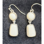 Silver Tone White Cabochon Dangle Earrings Vintage Rectangle Drop 1.5" E499