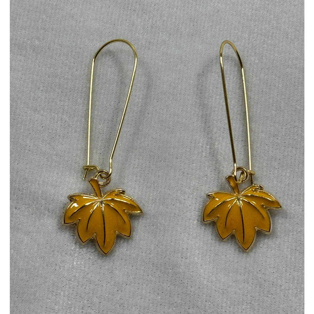 Yellow Maple Leaf Earrings Autumn Fall Dangle Earrings Gold Tone E280