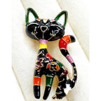Black Enamel Cat Brooch Pin Colorful Floral Art Kitty 1.5 Inch New  CP185