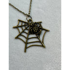 Halloween Spider Web Necklace Antique Bronze Spider Pendant 18" Chain E296