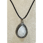 White Teardrop Stone Pendant Necklace Silver Tone Black Cord Boho New  N386