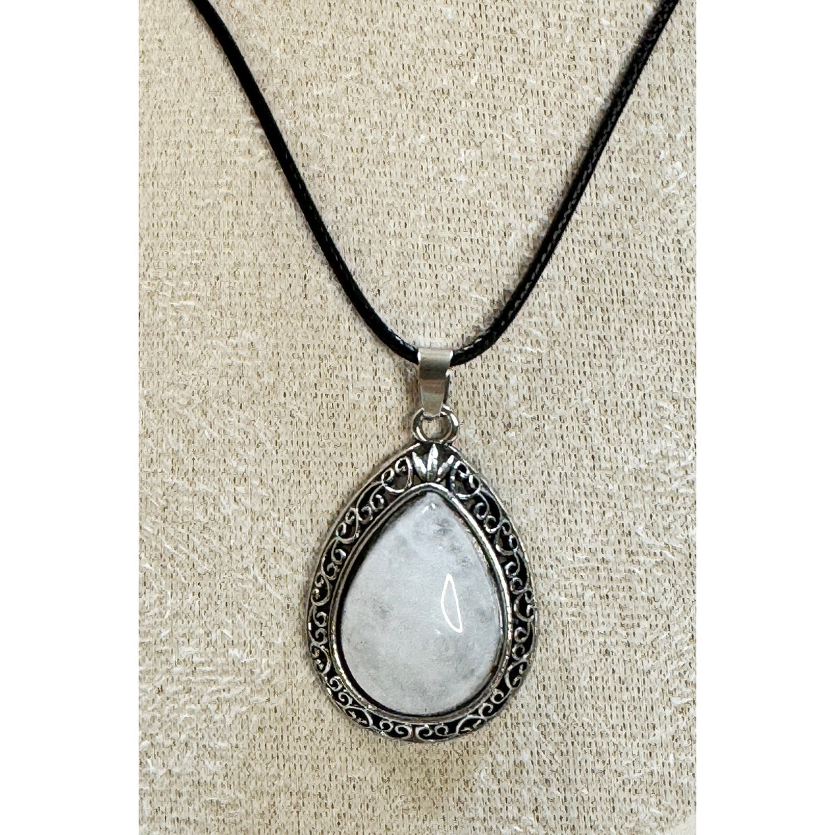White Teardrop Stone Pendant Necklace Silver Tone Black Cord Boho New  N386