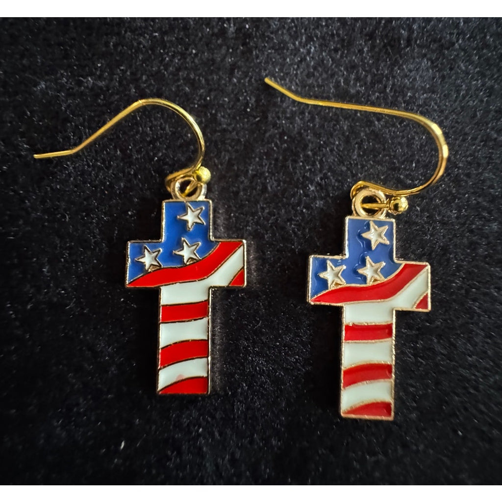 Americana USA Cross Flag Dangle Earrings Patriotic Red White Blue E215
