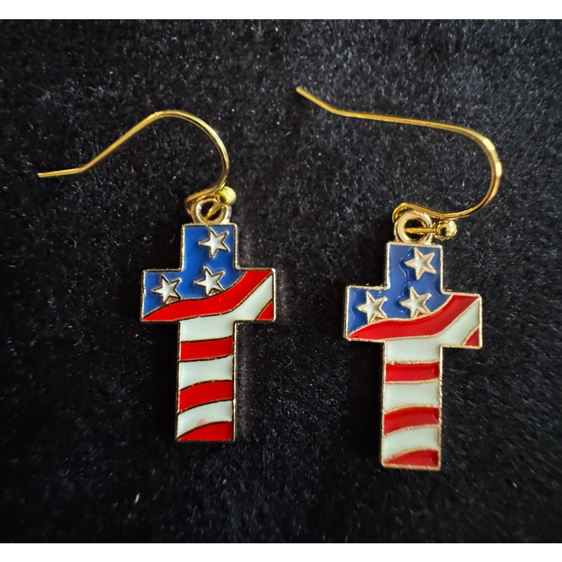 Americana USA Cross Flag Dangle Earrings Patriotic Red White Blue E215