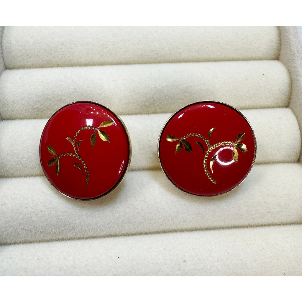 Vintage Red Enamel Gold Leaf Clip On Earrings Round 3/4" Retro Costume E605