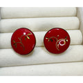 Vintage Red Enamel Gold Leaf Clip On Earrings Round 3/4" Retro Costume E605