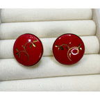 Vintage Red Enamel Gold Leaf Clip On Earrings Round 3/4" Retro Costume E605