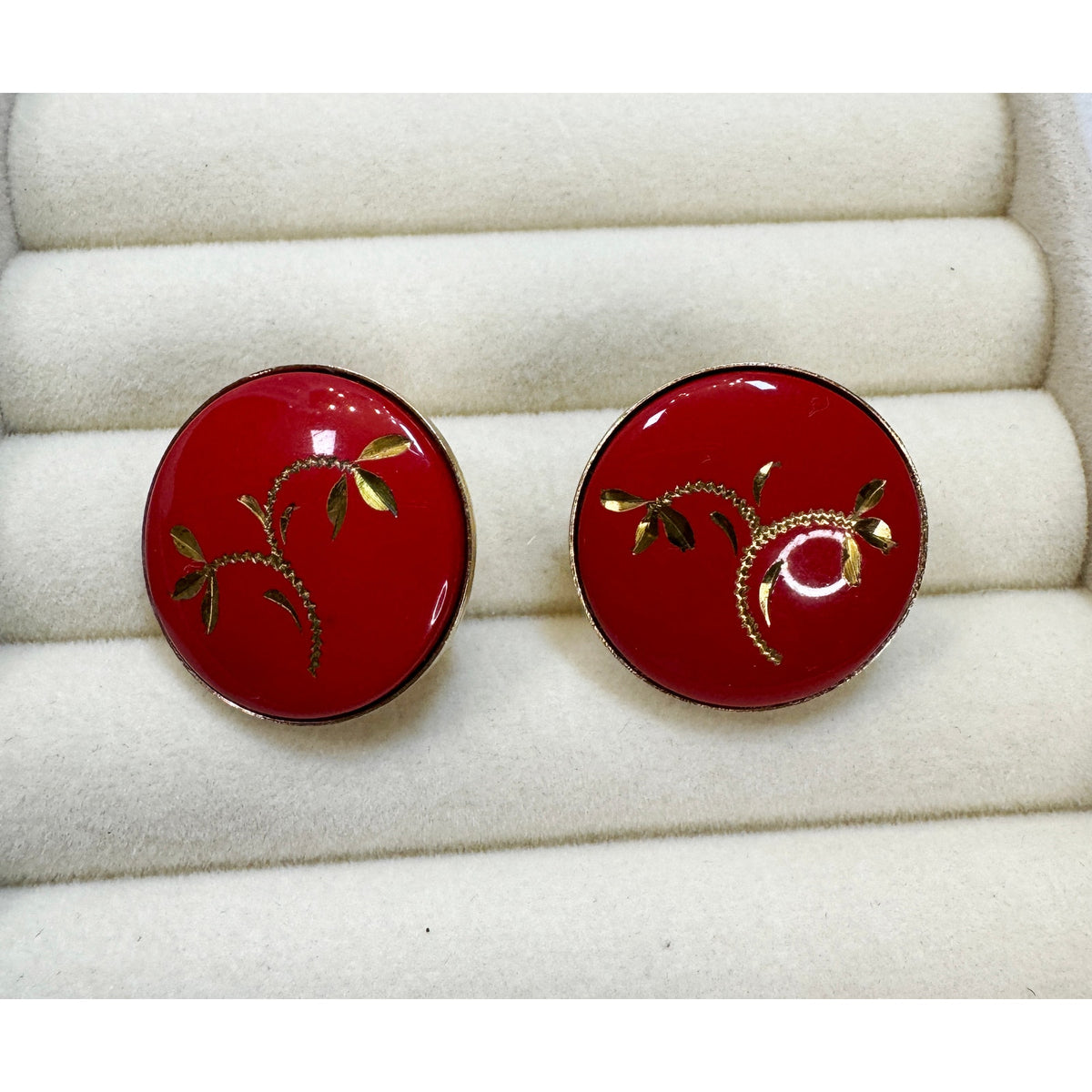 Vintage Red Enamel Gold Leaf Clip On Earrings Round 3/4" Retro Costume E605